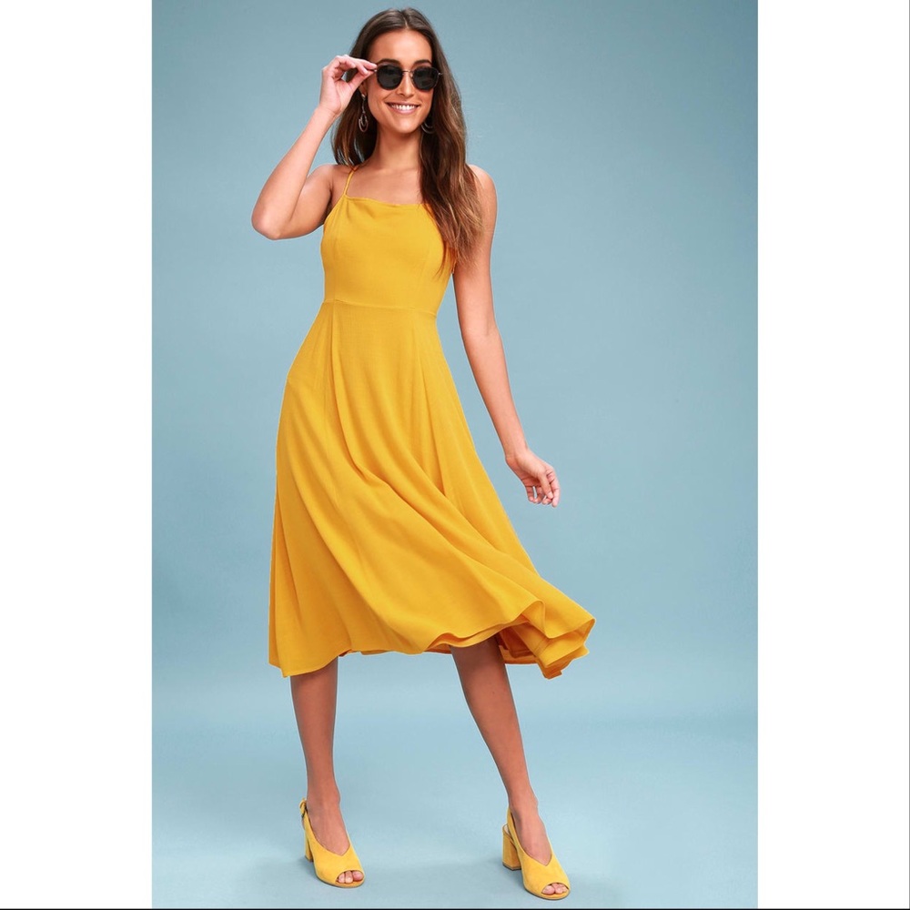 Lulus’s Going Coastal Mustard Yellow Midi Dress